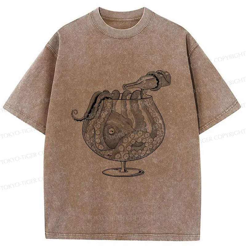 Tokyo-Tiger Octopus Drinking Wine Washed T-Shirt