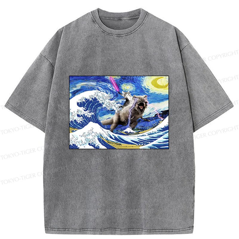 Tokyo-Tiger Cat Riding A Dinosaur In The Surf Washed T-Shirt