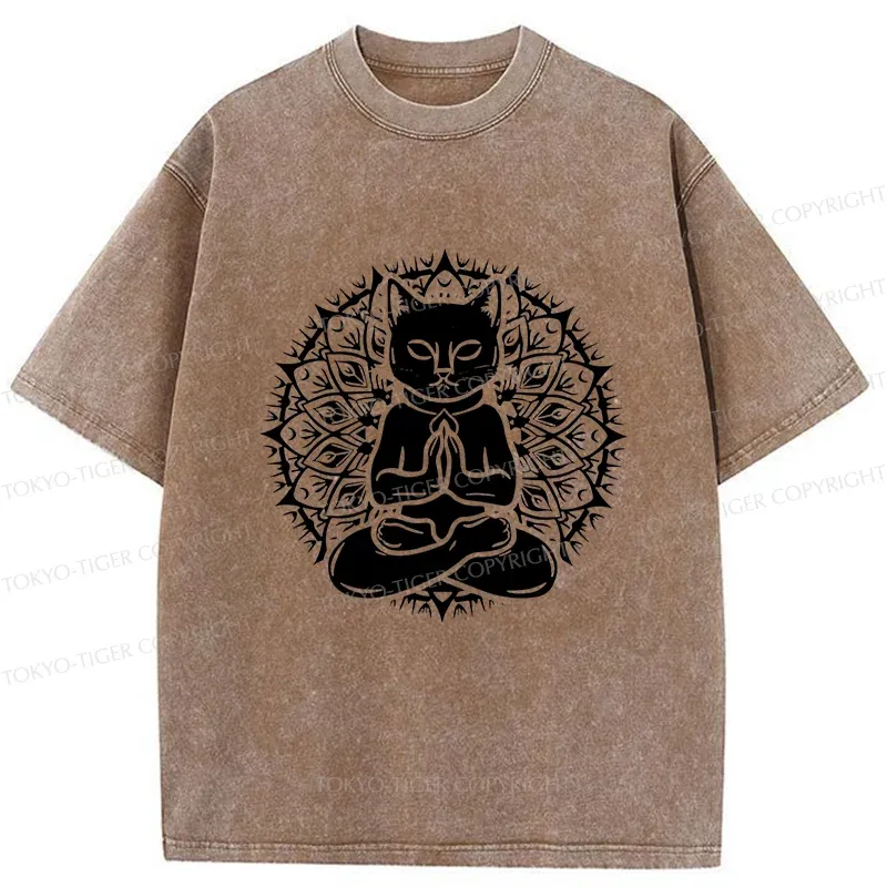 Tokyo-Tiger Yoga Cat Japanese Washed T-Shirt Sale