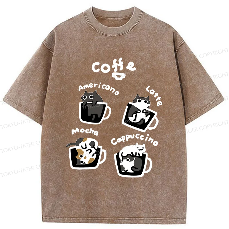 Tokyo-Tiger Four Types Of Coffee Cats Washed T-Shirt