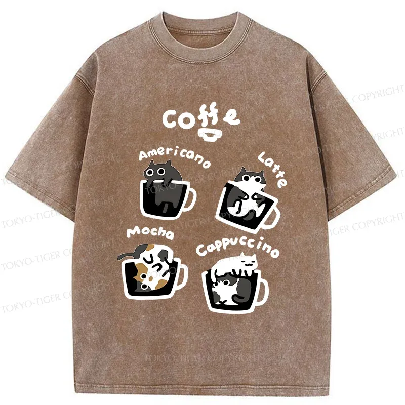 Tokyo-Tiger Four Types Of Coffee Cats Washed T-Shirt