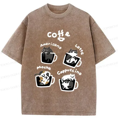 Tokyo-Tiger Four Types Of Coffee Cats Washed T-Shirt