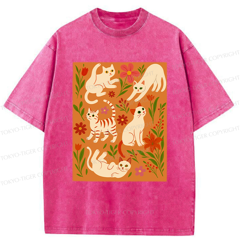 Tokyo-Tiger Cats And Flowers Washed T-Shirt