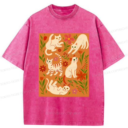 Tokyo-Tiger Cats And Flowers Washed T-Shirt