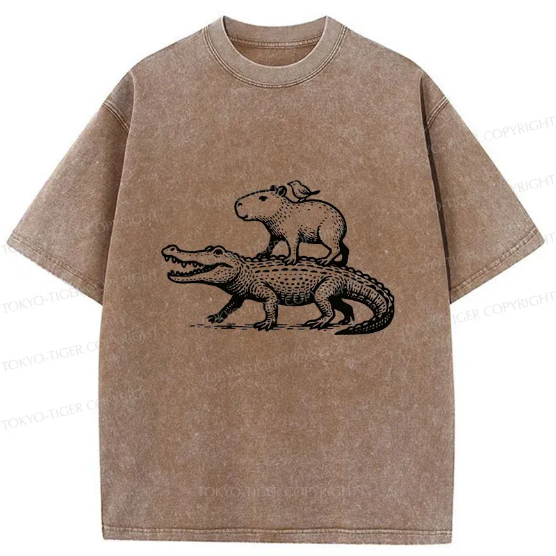 Tokyo-Tiger Capybaras Walking With Crocodile Washed T-Shirt