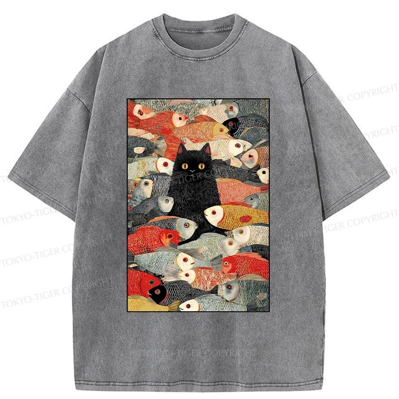 Tokyo-Tiger Cats And Fish Washed T-Shirt