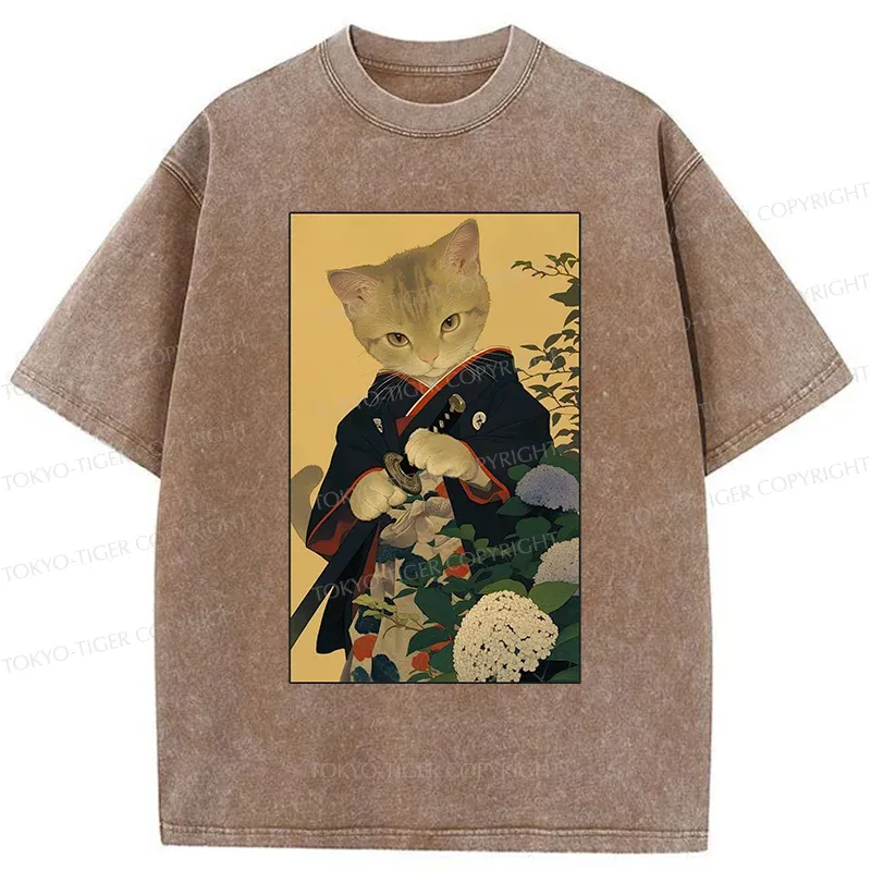 Tokyo-Tiger Kitten Japanese Samurai Washed T-Shirt