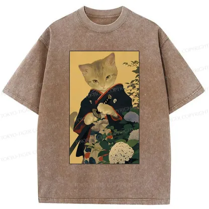 Tokyo-Tiger Kitten Japanese Samurai Washed T-Shirt