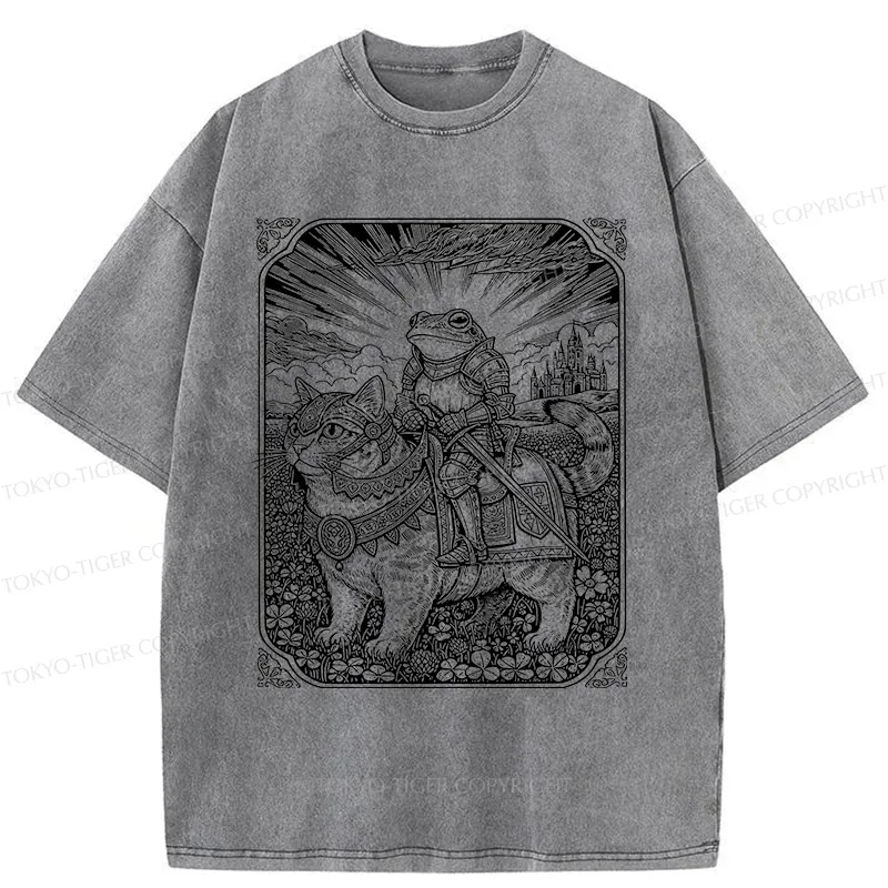 Tokyo-Tiger Frog Riding Cat Retro Washed T-Shirt