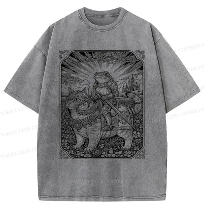 Tokyo-Tiger Frog Riding Cat Retro Washed T-Shirt