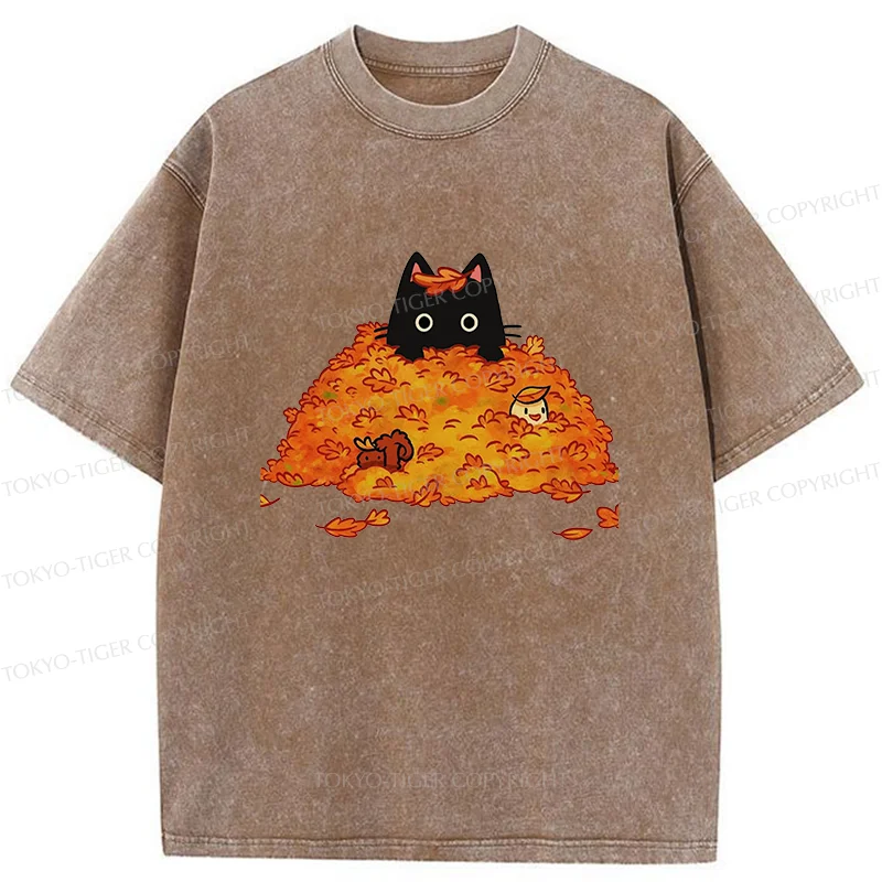 Tokyo-Tiger Black Cat In Autumn Leaves Washed T-Shirt