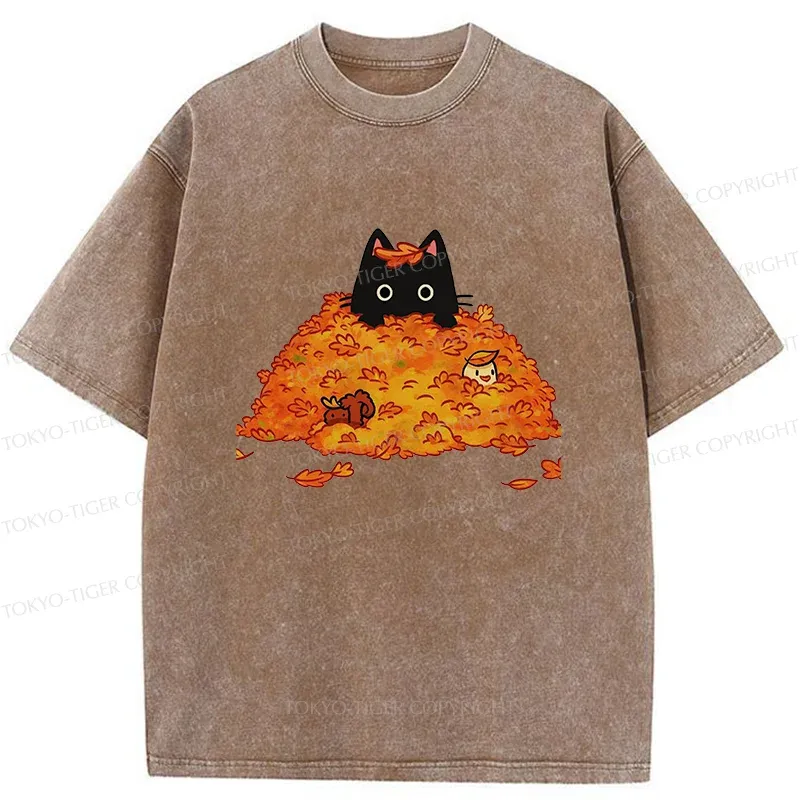 Tokyo-Tiger Black Cat In Autumn Leaves Washed T-Shirt