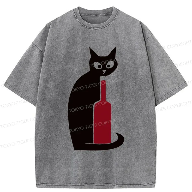 Tokyo-Tiger Black Cat And Wine Washed T-Shirt