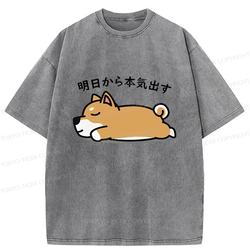 Tokyo-Tiger Lazy Puppy Funny Washed T-Shirt
