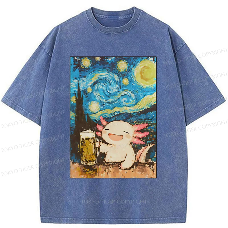 Tokyo-Tiger Axolotl Drinking Beer Washed T-Shirt