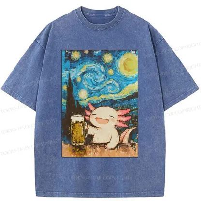 Tokyo-Tiger Axolotl Drinking Beer Washed T-Shirt