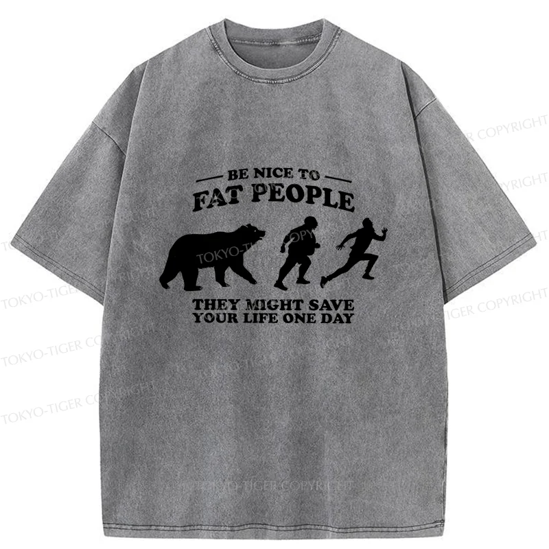 Tokyo-Tiger Fat Bear Chasing Fat Man Washed T-Shirt