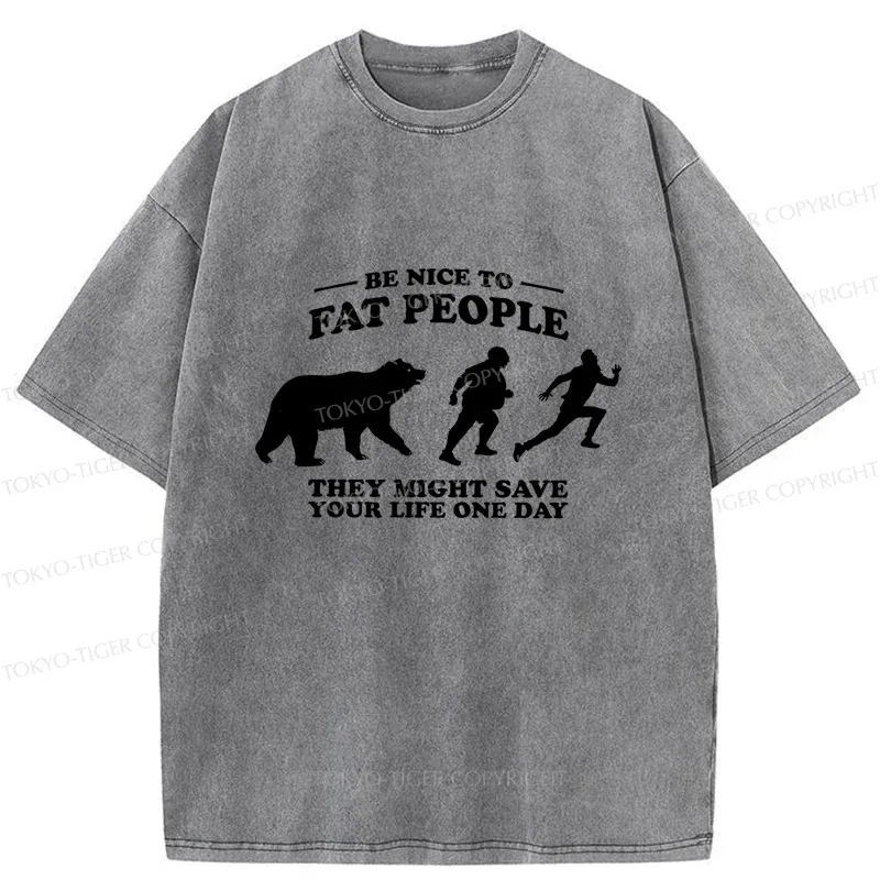 Tokyo-Tiger Fat Bear Chasing Fat Man Washed T-Shirt