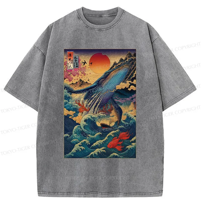 Tokyo-Tiger Ukiyoe Whale Japan Washed T-Shirt