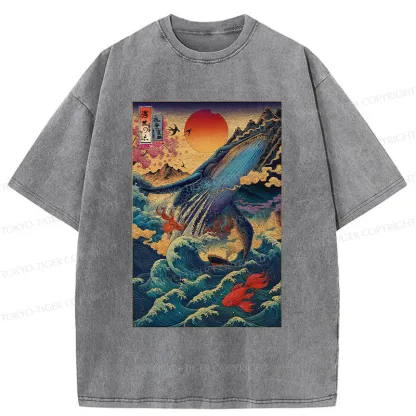 Tokyo-Tiger Ukiyoe Whale Japan Washed T-Shirt