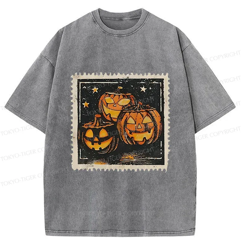 Tokyo-Tiger Halloween Pumpkin Stamps Washed T-Shirt