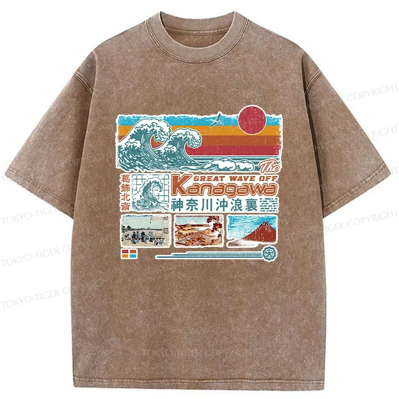 Tokyo-Tiger Retro Ukiyo-e Waves Washed T-Shirt