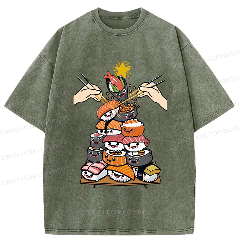 Tokyo-Tiger Sushi Christmas Tree Japan Washed T-Shirt