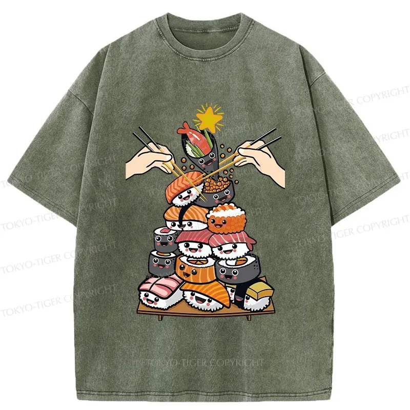 Tokyo-Tiger Sushi Christmas Tree Japan Washed T-Shirt