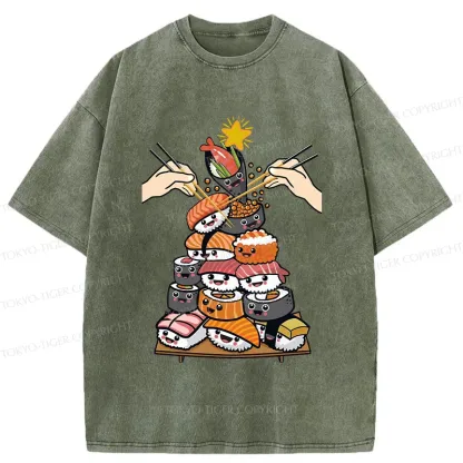 Tokyo-Tiger Sushi Christmas Tree Japan Washed T-Shirt