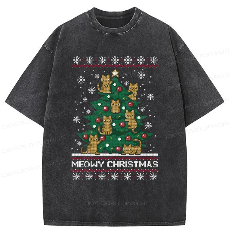 Tokyo-Tiger Cats Christmas Tree Washed T-Shirt