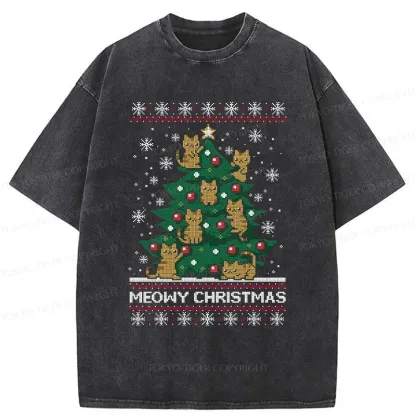 Tokyo-Tiger Cats Christmas Tree Washed T-Shirt