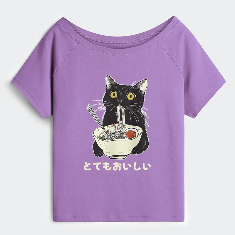 Tokyo-Tiger Cats Eat Ramen Noodles Off Shoulder T-Shirt