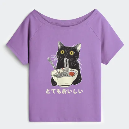 Tokyo-Tiger Cats Eat Ramen Noodles Off Shoulder T-Shirt