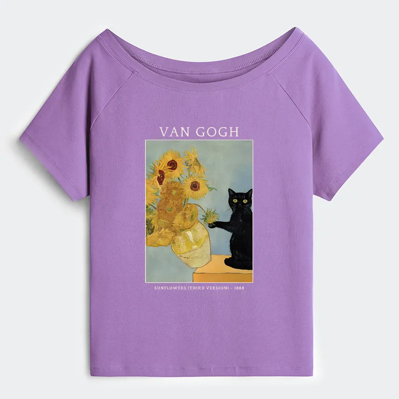 Tokyo-Tiger Black Cat With Sunflowers Off Shoulder T-Shirt