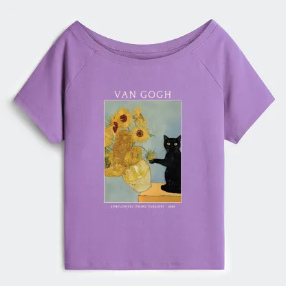 Tokyo-Tiger Black Cat With Sunflowers Off Shoulder T-Shirt