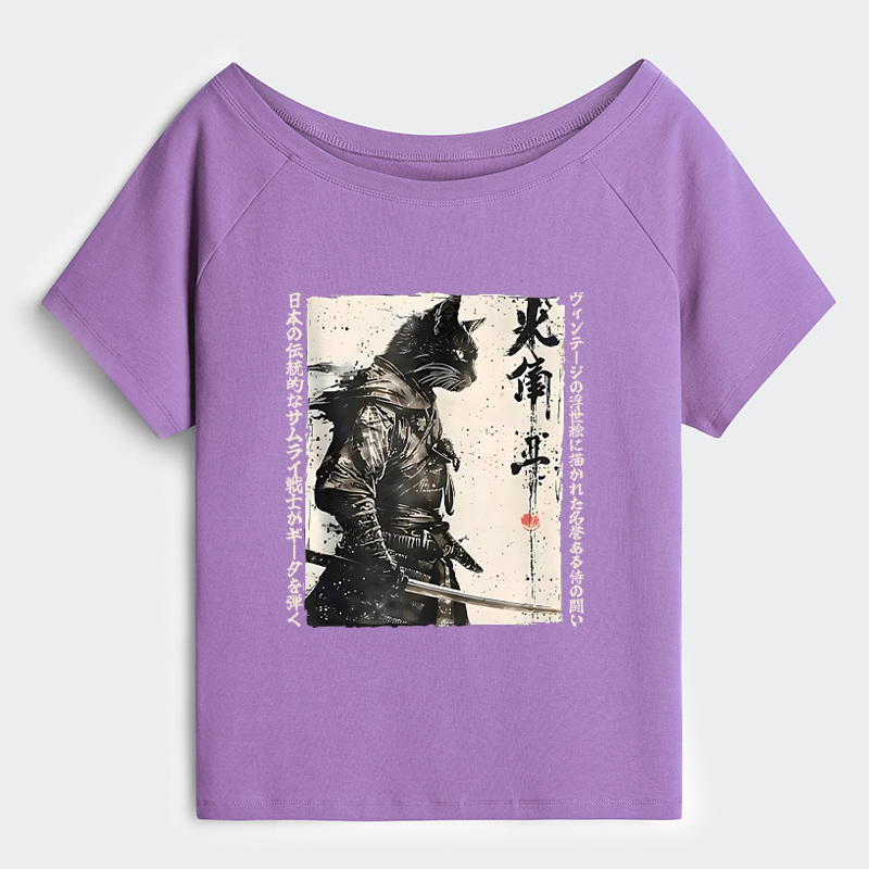 Tokyo-Tiger Cat Samurai Retro Off Shoulder T-Shirt