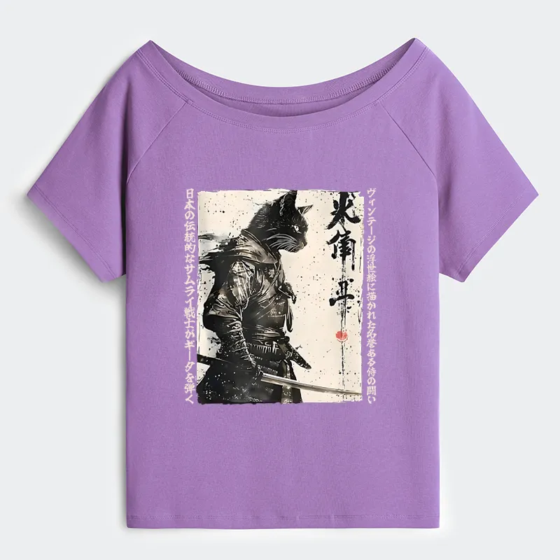 Tokyo-Tiger Cat Samurai Retro Off Shoulder T-Shirt