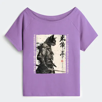 Tokyo-Tiger Cat Samurai Retro Off Shoulder T-Shirt