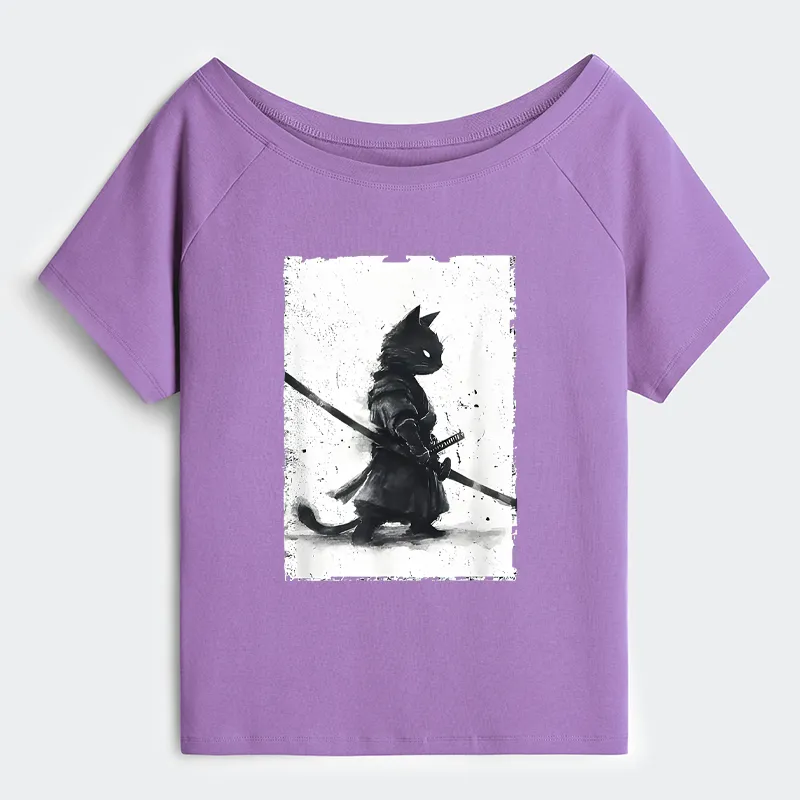 Tokyo-Tiger Retro Cat Samurai Japanese Shoulder T-Shirt