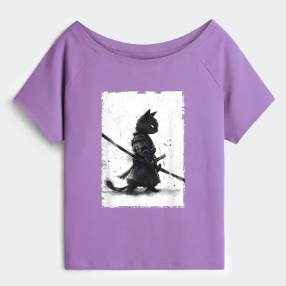 Tokyo-Tiger Retro Cat Samurai Japanese Shoulder T-Shirt