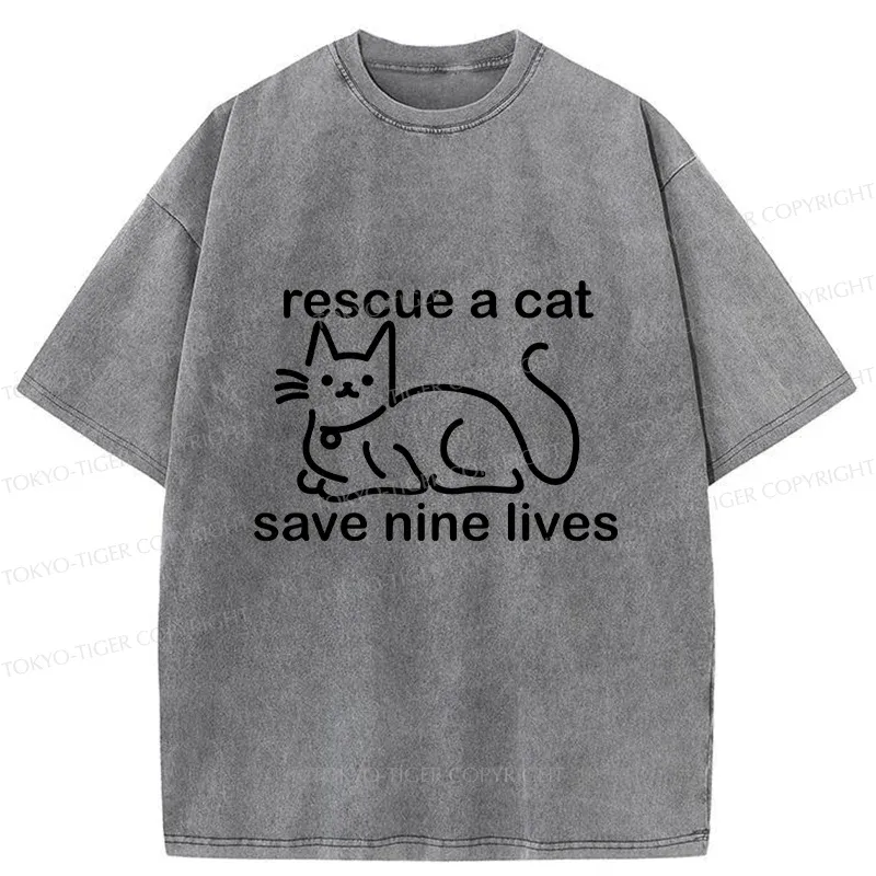 Tokyo-Tiger Nine Cats Funny Washed T-Shirt