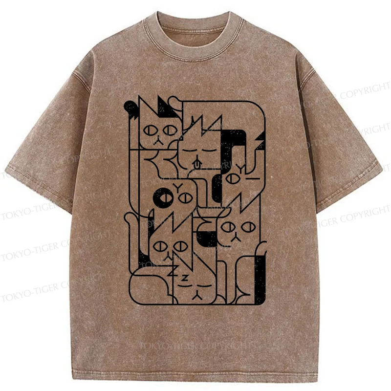 Tokyo-Tiger Abstract Cat Funny Washed T-Shirt
