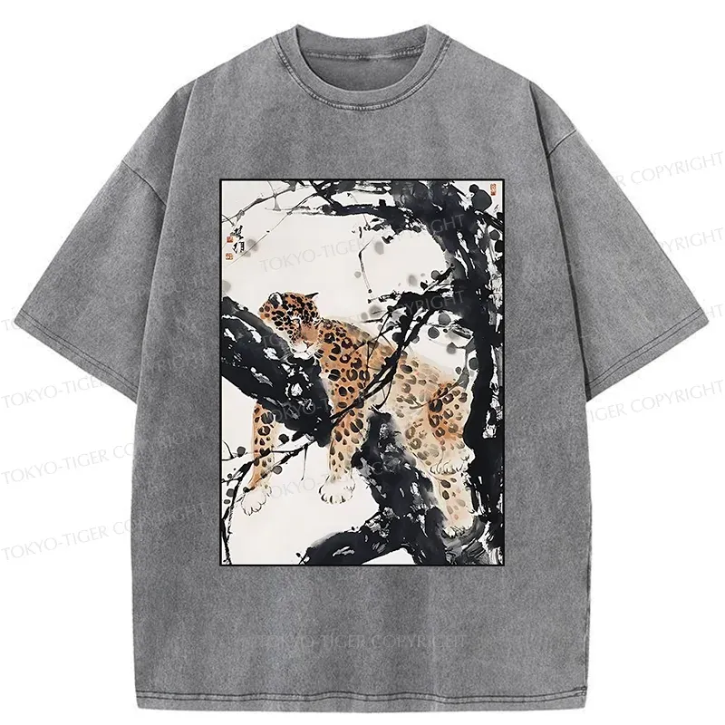 Tokyo-Tiger Ink Painting Of Leopard Washed T-Shirt Sale