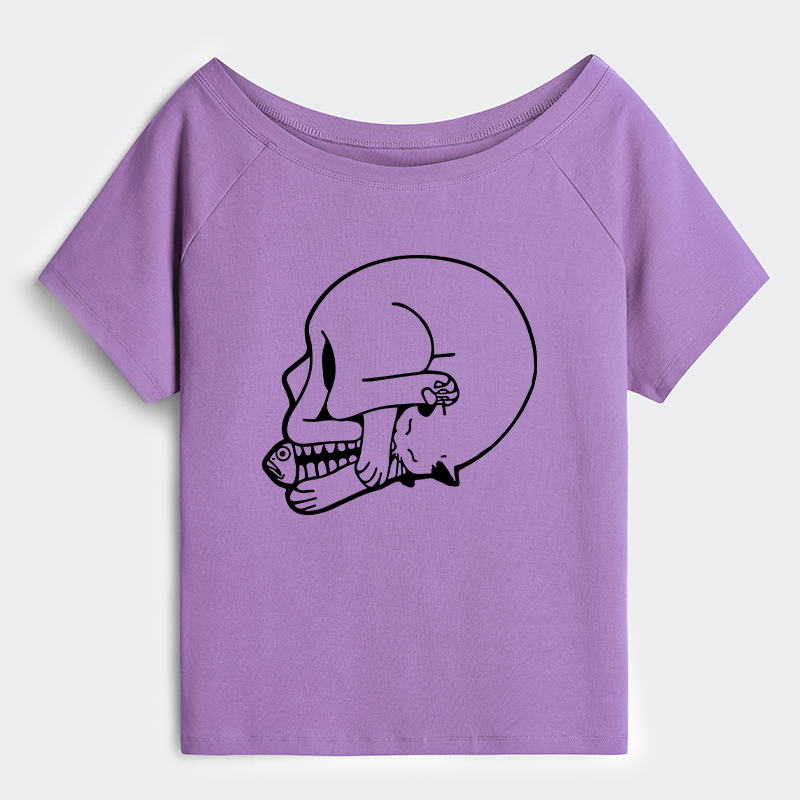 Tokyo-Tiger Funny Cat Eating Fish Off Shoulder T-Shirt