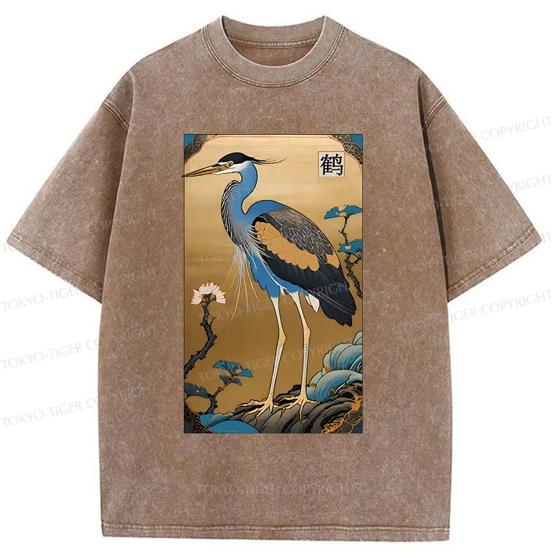 Tokyo-Tiger Ukiyo-e Japanese Cranes Washed T-Shirt