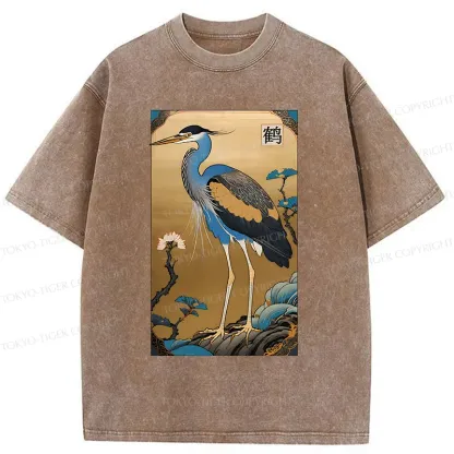Tokyo-Tiger Ukiyo-e Japanese Cranes Washed T-Shirt