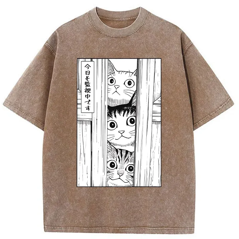 Tokyo-Tiger Three Cats Watching You Washed T-Shirt