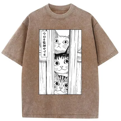 Tokyo-Tiger Three Cats Watching You Washed T-Shirt