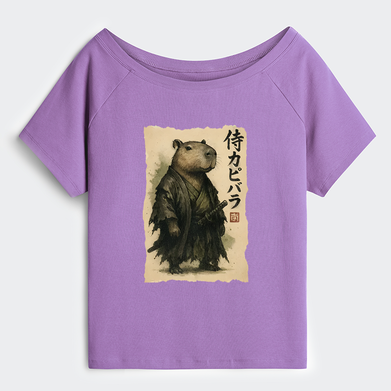 Tokyo-Tiger Capybara Samurai Off Shoulder T-Shirt