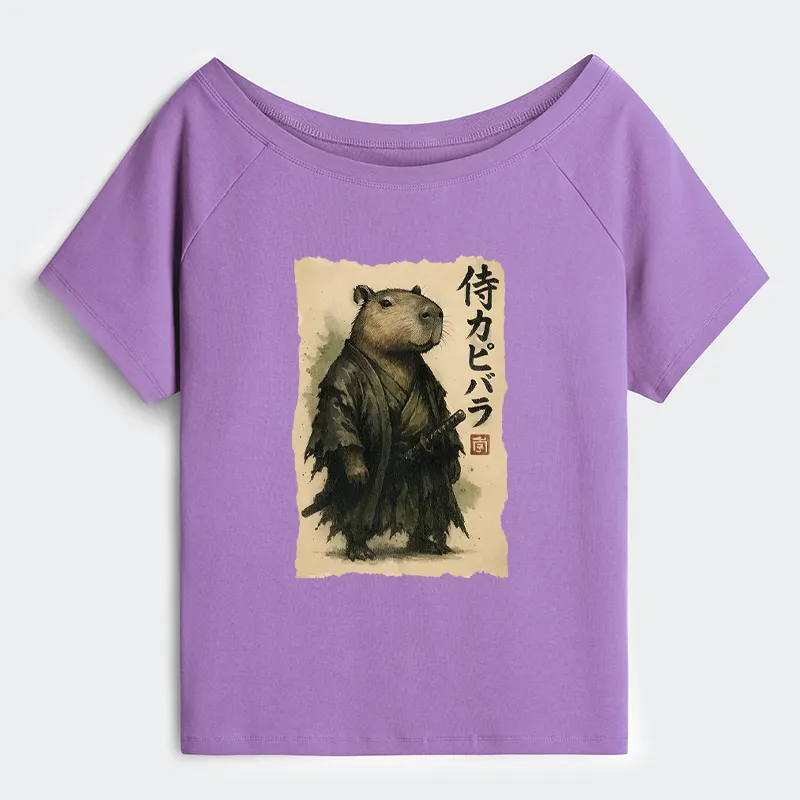 Tokyo-Tiger Capybara Samurai Off Shoulder T-Shirt